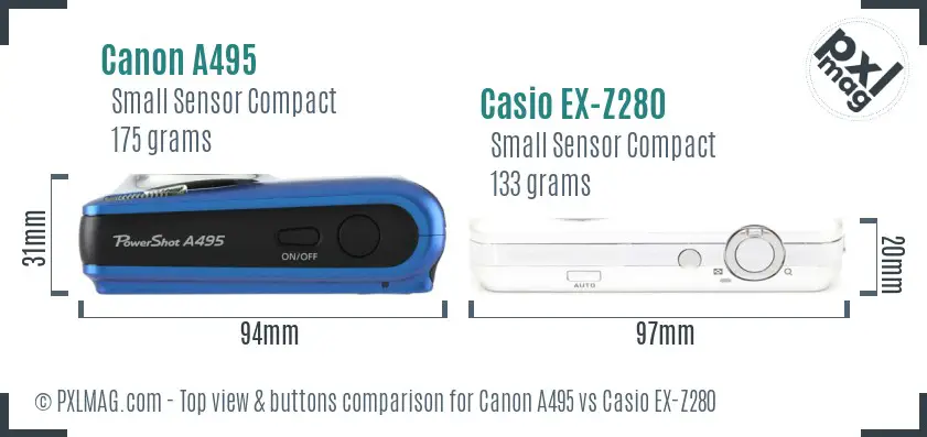 Canon A495 vs Casio EX-Z280 top view buttons comparison