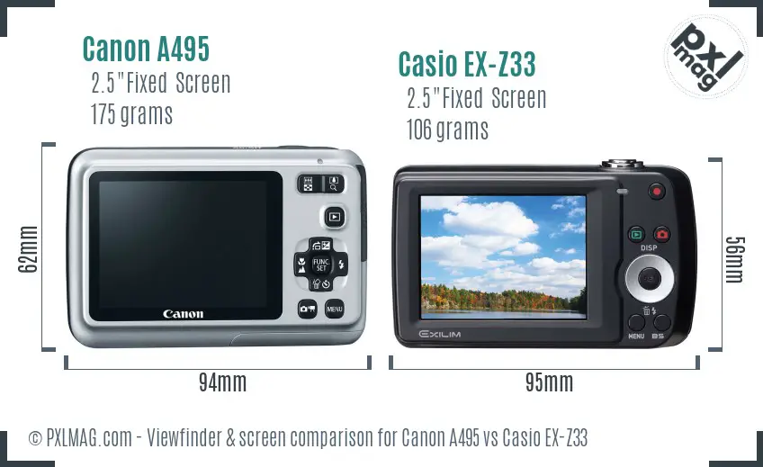 Canon A495 vs Casio EX-Z33 Screen and Viewfinder comparison