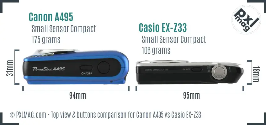 Canon A495 vs Casio EX-Z33 top view buttons comparison