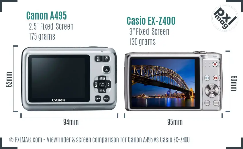 Canon A495 vs Casio EX-Z400 Screen and Viewfinder comparison