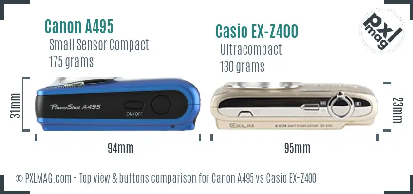 Canon A495 vs Casio EX-Z400 top view buttons comparison