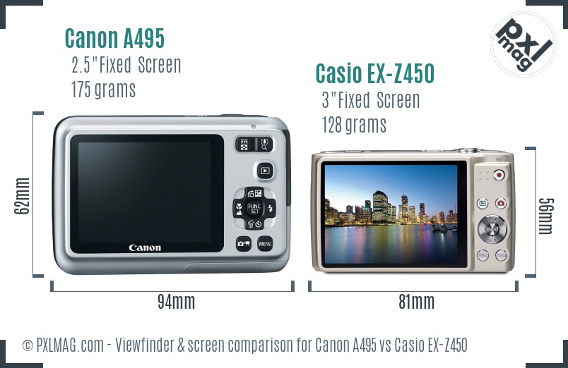 Canon A495 vs Casio EX-Z450 Screen and Viewfinder comparison