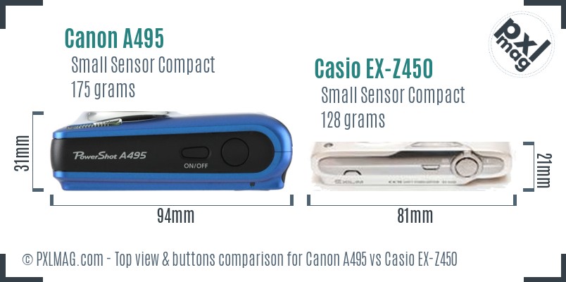 Canon A495 vs Casio EX-Z450 top view buttons comparison