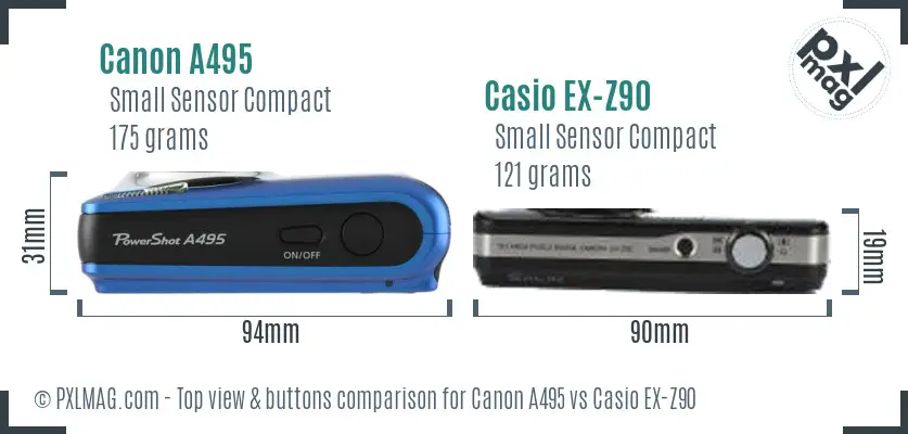 Canon A495 vs Casio EX-Z90 top view buttons comparison