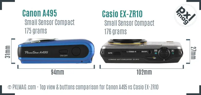 Canon A495 vs Casio EX-ZR10 top view buttons comparison Canon A495 vs Casio EX-ZR10 top view buttons comparison