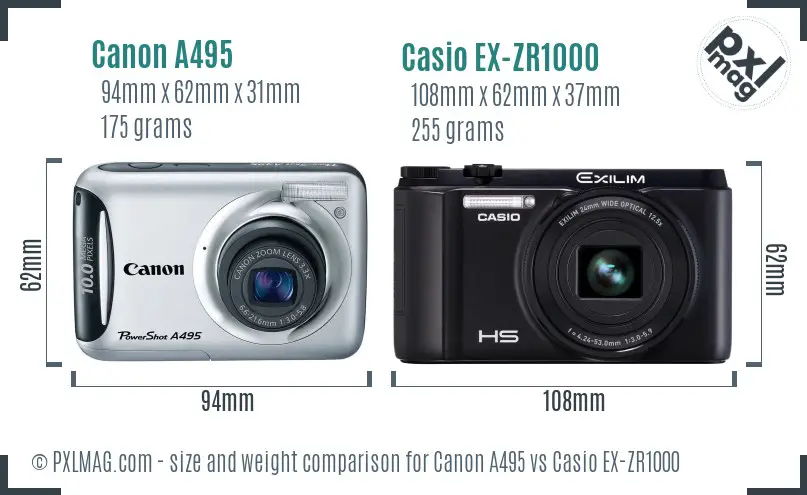 Canon A495 vs Casio EX-ZR1000 size comparison