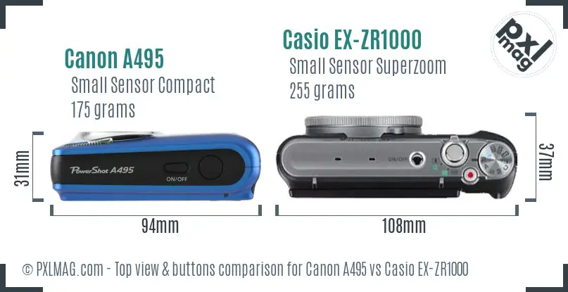 Canon A495 vs Casio EX-ZR1000 top view buttons comparison