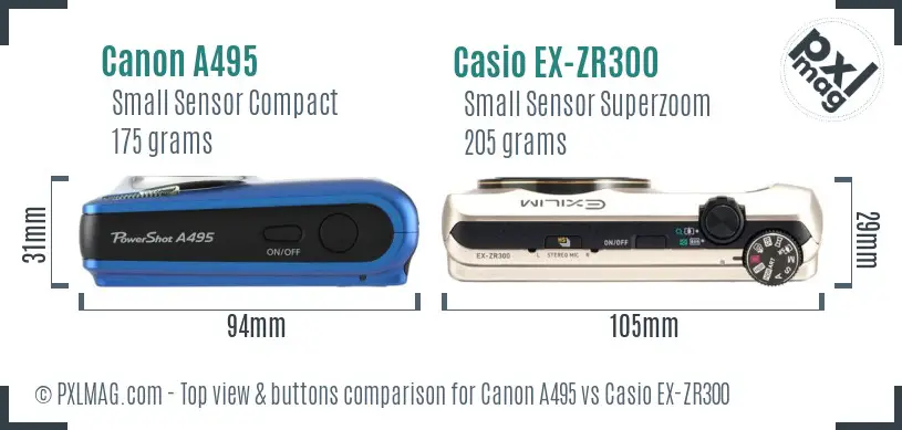 Canon A495 vs Casio EX-ZR300 top view buttons comparison