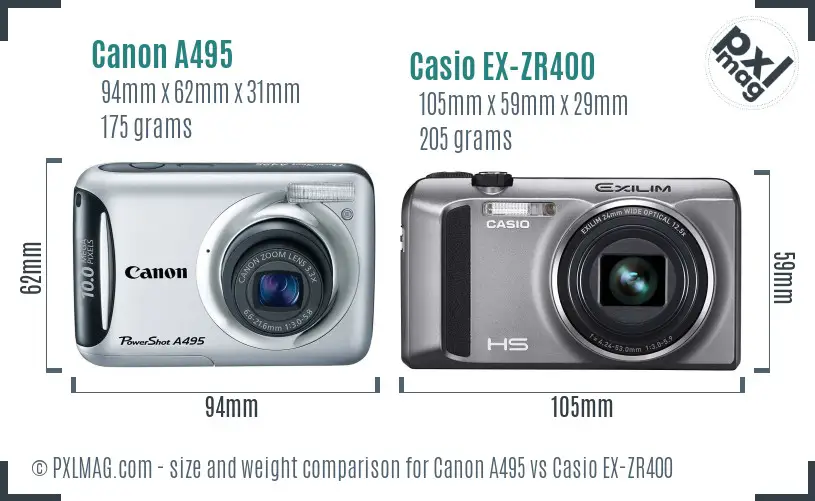 Canon A495 vs Casio EX-ZR400 size comparison