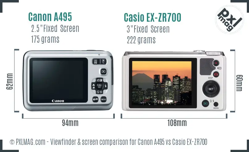 Canon A495 vs Casio EX-ZR700 Screen and Viewfinder comparison