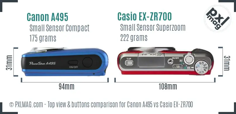 Canon A495 vs Casio EX-ZR700 top view buttons comparison