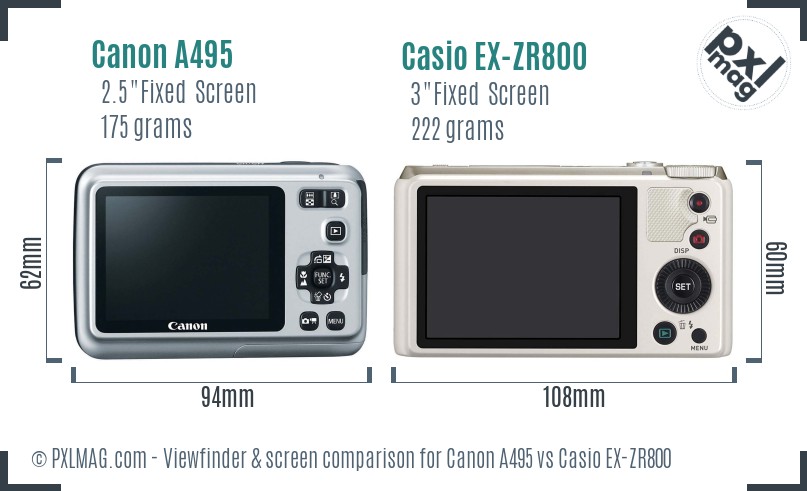 Canon A495 vs Casio EX-ZR800 Screen and Viewfinder comparison