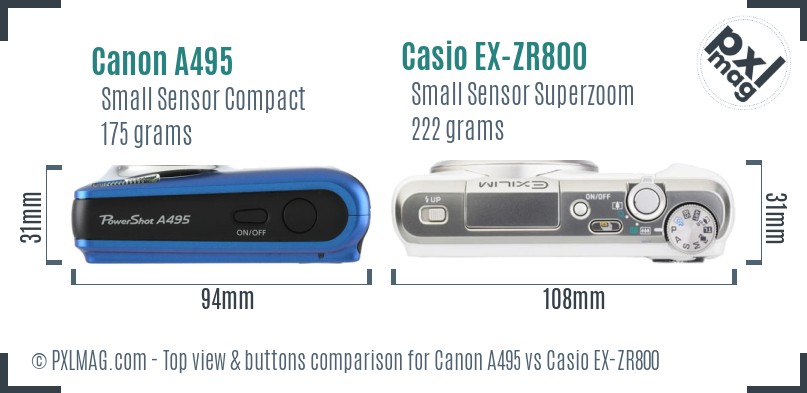 Canon A495 vs Casio EX-ZR800 top view buttons comparison
