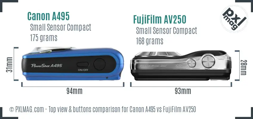 Canon A495 vs FujiFilm AV250 top view buttons comparison