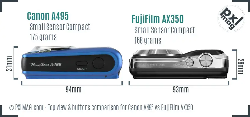 Canon A495 vs FujiFilm AX350 top view buttons comparison