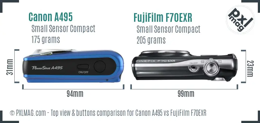 Canon A495 vs FujiFilm F70EXR top view buttons comparison