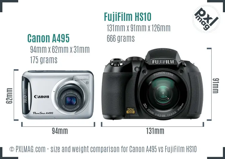 Canon A495 vs FujiFilm HS10 size comparison