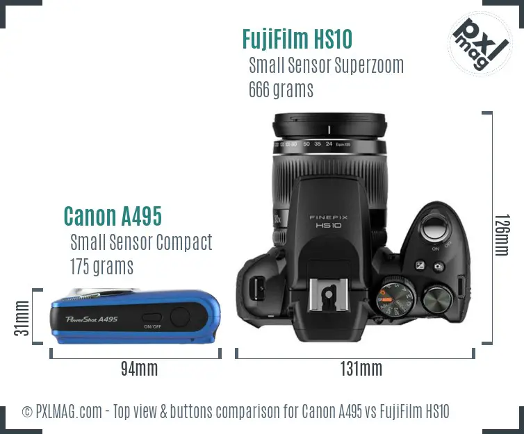 Canon A495 vs FujiFilm HS10 top view buttons comparison