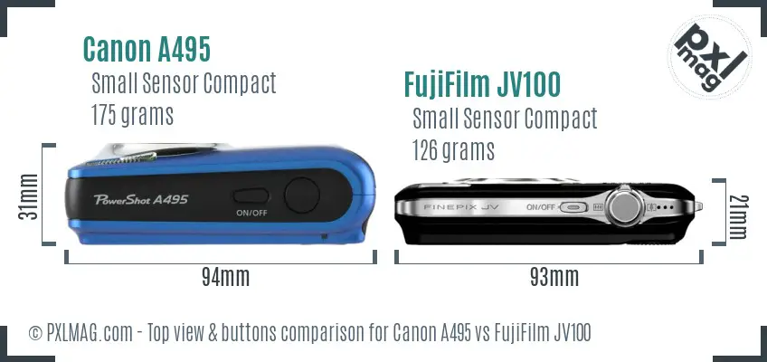 Canon A495 vs FujiFilm JV100 top view buttons comparison