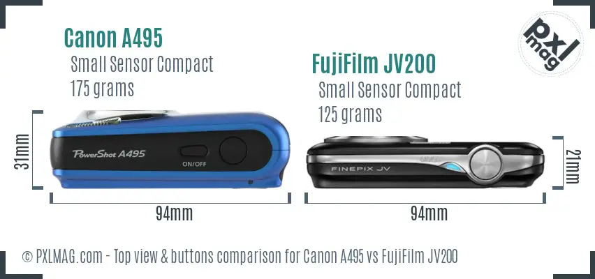 Canon A495 vs FujiFilm JV200 top view buttons comparison