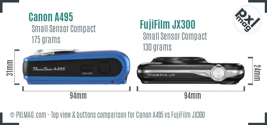 Canon A495 vs FujiFilm JX300 top view buttons comparison