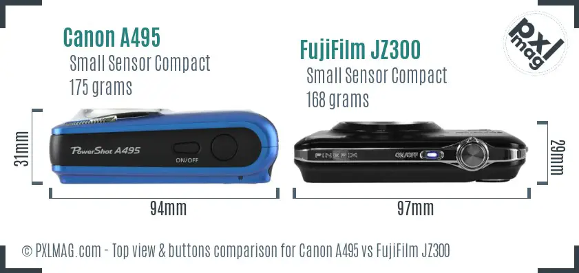 Canon A495 vs FujiFilm JZ300 top view buttons comparison