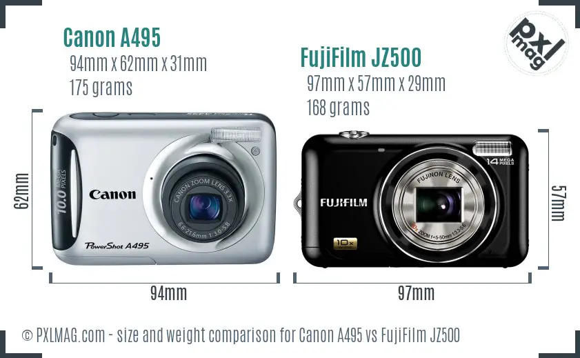 Canon A495 vs FujiFilm JZ500 size comparison
