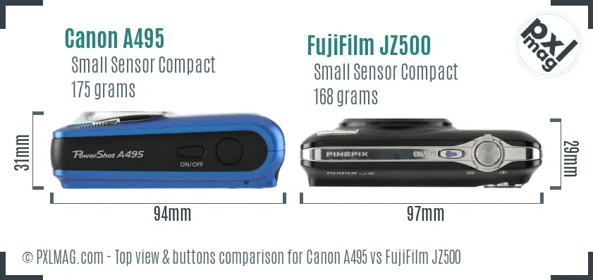 Canon A495 vs FujiFilm JZ500 top view buttons comparison