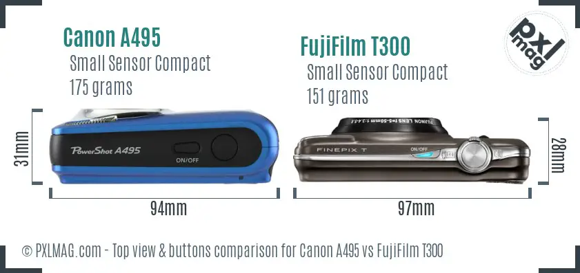 Canon A495 vs FujiFilm T300 top view buttons comparison
