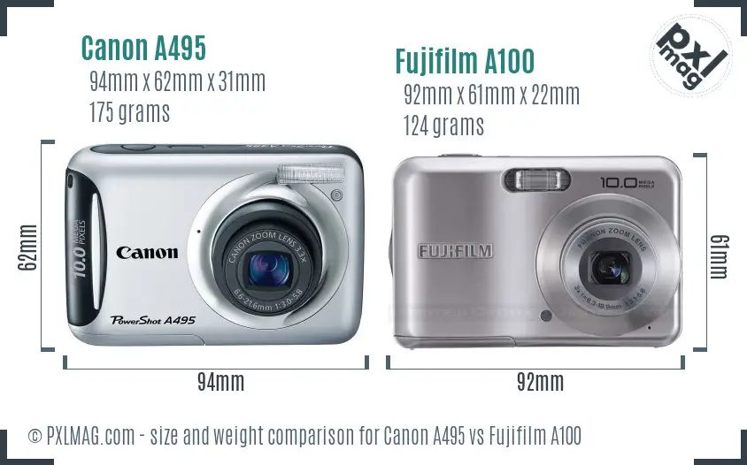 Canon A495 vs Fujifilm A100 size comparison