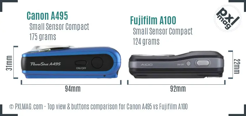 Canon A495 vs Fujifilm A100 top view buttons comparison