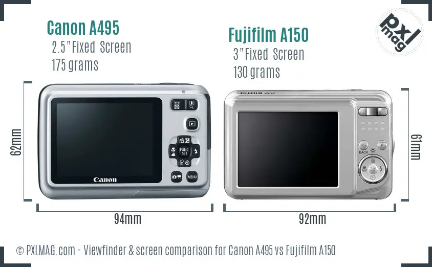 Canon A495 vs Fujifilm A150 Screen and Viewfinder comparison