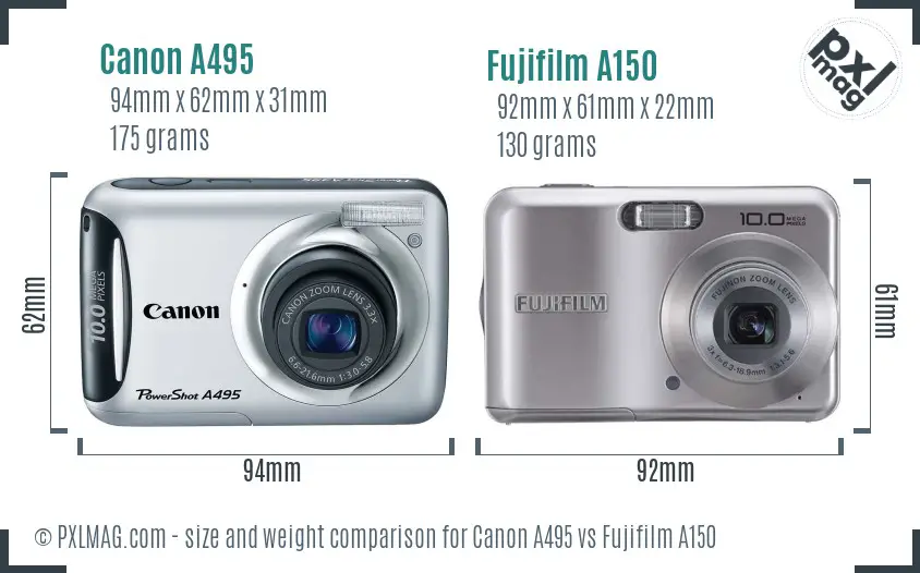 Canon A495 vs Fujifilm A150 size comparison