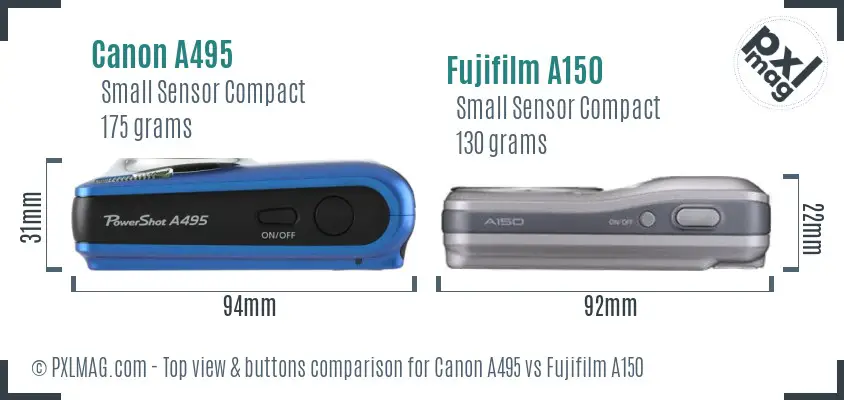 Canon A495 vs Fujifilm A150 top view buttons comparison