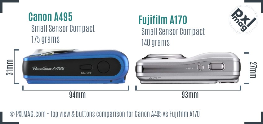 Canon A495 vs Fujifilm A170 top view buttons comparison