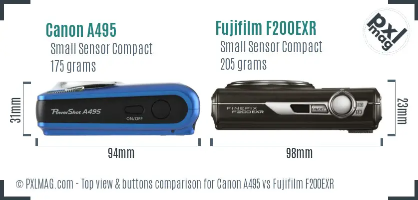 Canon A495 vs Fujifilm F200EXR top view buttons comparison Canon A495 vs Fujifilm F200EXR top view buttons comparison