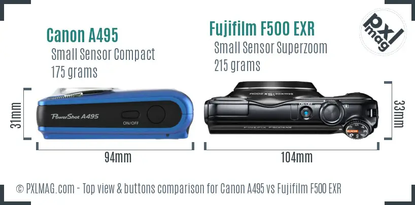 Canon A495 vs Fujifilm F500 EXR top view buttons comparison Canon A495 vs Fujifilm F500 EXR top view buttons comparison