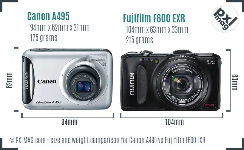 Canon A495 vs Fujifilm F600 EXR size comparison