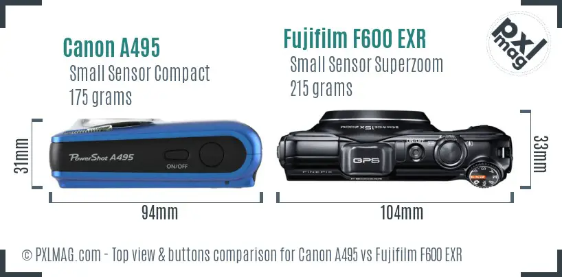 Canon A495 vs Fujifilm F600 EXR top view buttons comparison