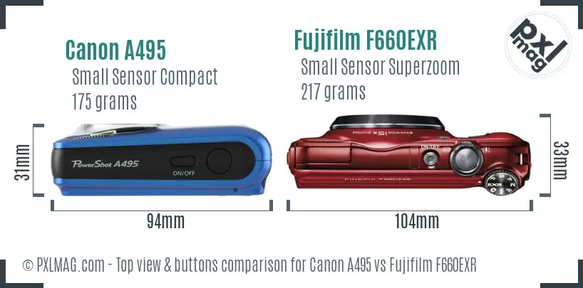 Canon A495 vs Fujifilm F660EXR top view buttons comparison Canon A495 vs Fujifilm F660EXR top view buttons comparison