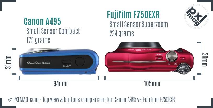 Canon A495 vs Fujifilm F750EXR top view buttons comparison