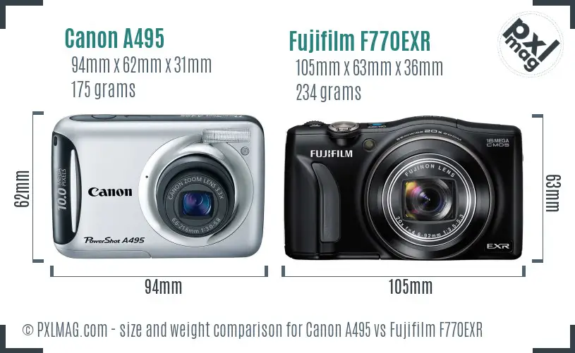 Canon A495 vs Fujifilm F770EXR size comparison