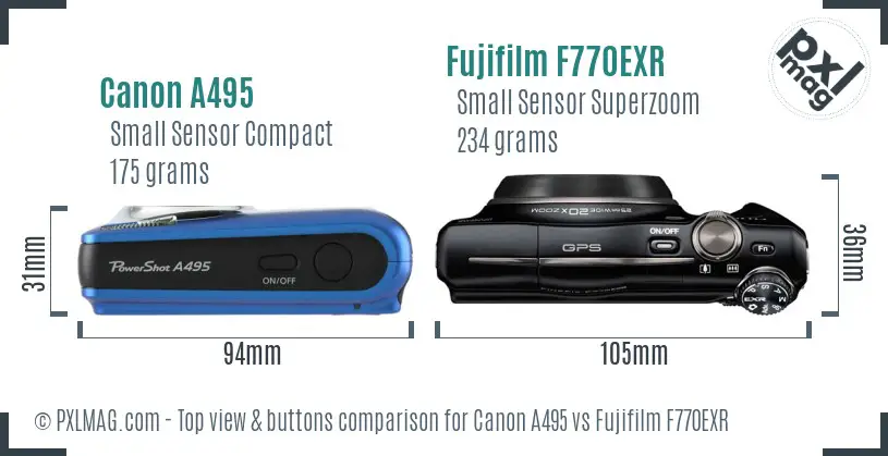 Canon A495 vs Fujifilm F770EXR top view buttons comparison