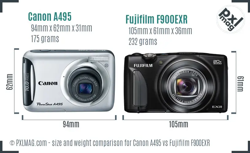 Canon A495 vs Fujifilm F900EXR size comparison