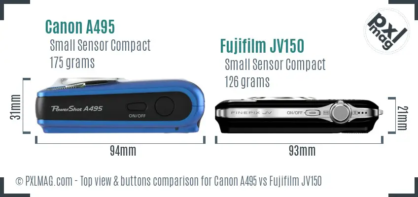 Canon A495 vs Fujifilm JV150 top view buttons comparison