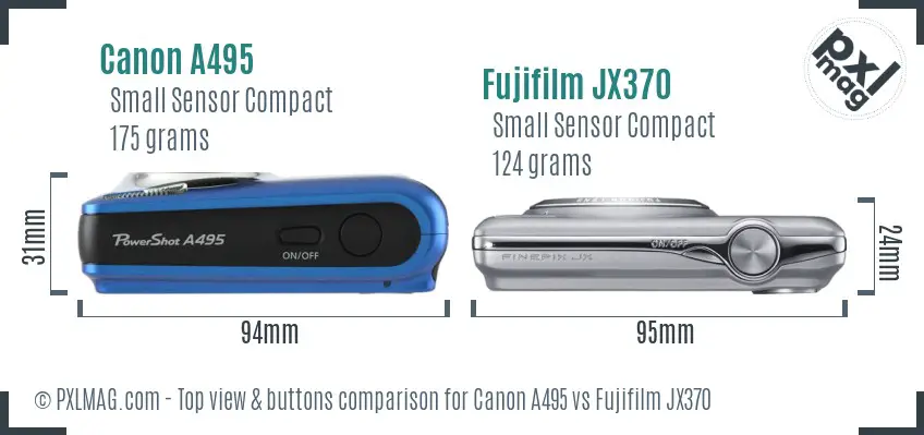 Canon A495 vs Fujifilm JX370 top view buttons comparison Canon A495 vs Fujifilm JX370 top view buttons comparison
