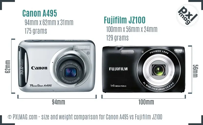 Canon A495 vs Fujifilm JZ100 size comparison Canon A495 vs Fujifilm JZ100 size comparison