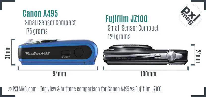 Canon A495 vs Fujifilm JZ100 top view buttons comparison Canon A495 vs Fujifilm JZ100 top view buttons comparison