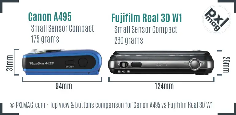 Canon A495 vs Fujifilm Real 3D W1 top view buttons comparison