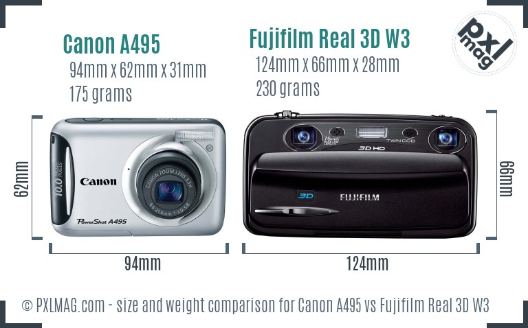 Canon A495 vs Fujifilm Real 3D W3 size comparison